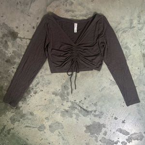 Daily Practice Anthropologie Cinched Crop Tie Long Sleeve V Neck. brown. M